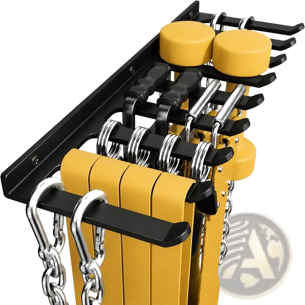 Black and yellow wall gym storage rack organizer with adjustable resistance bands for efficient workout storage and access