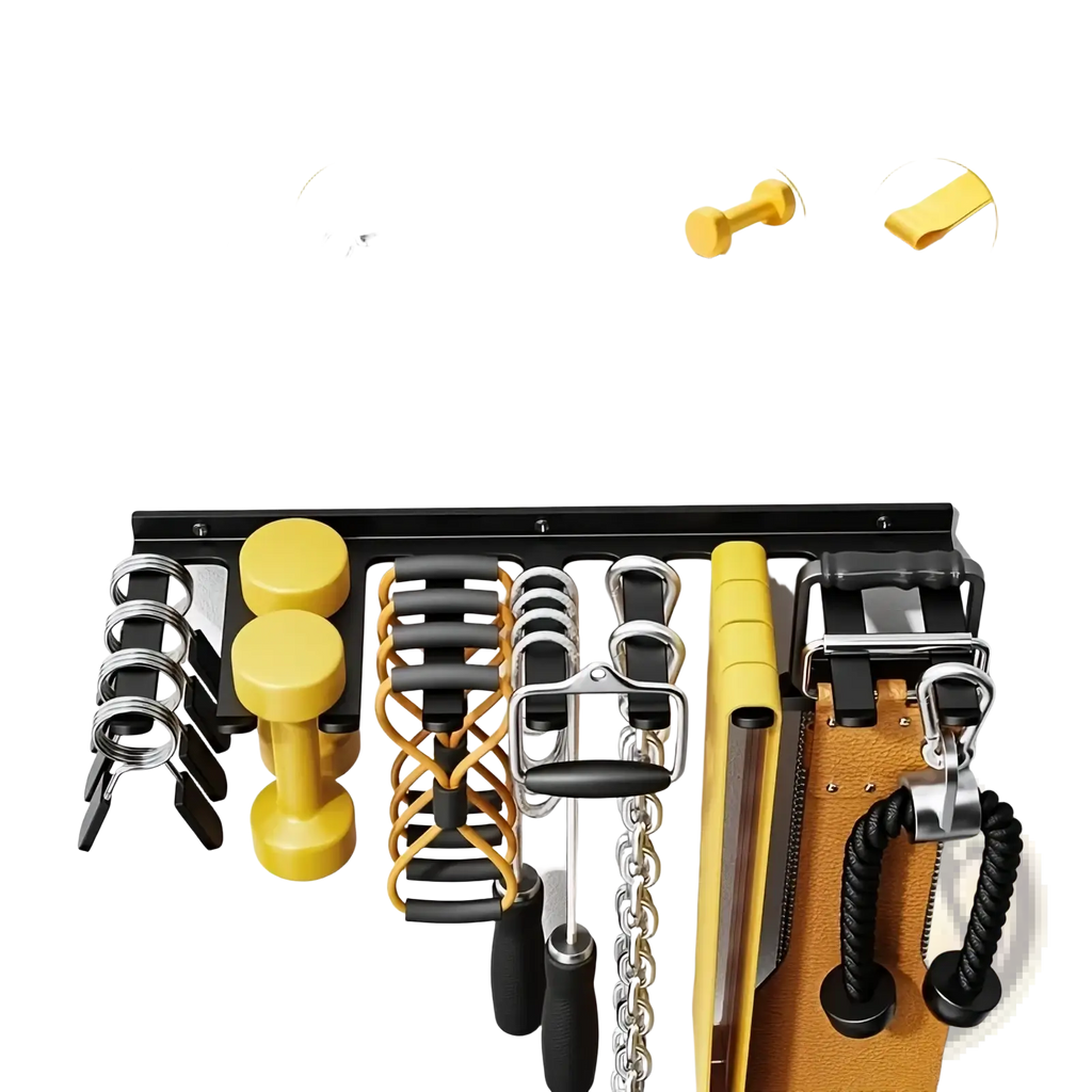 Yellow plastic dumbbells with black rubber grips and silver metal handles on a wall gym storage rack organizer for resistance bands