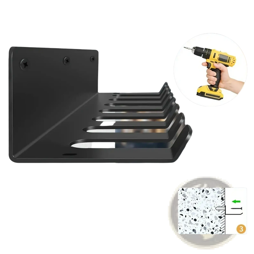Black metal wall mount gym equipment organizer rack bracket with multiple slots for easy installation
