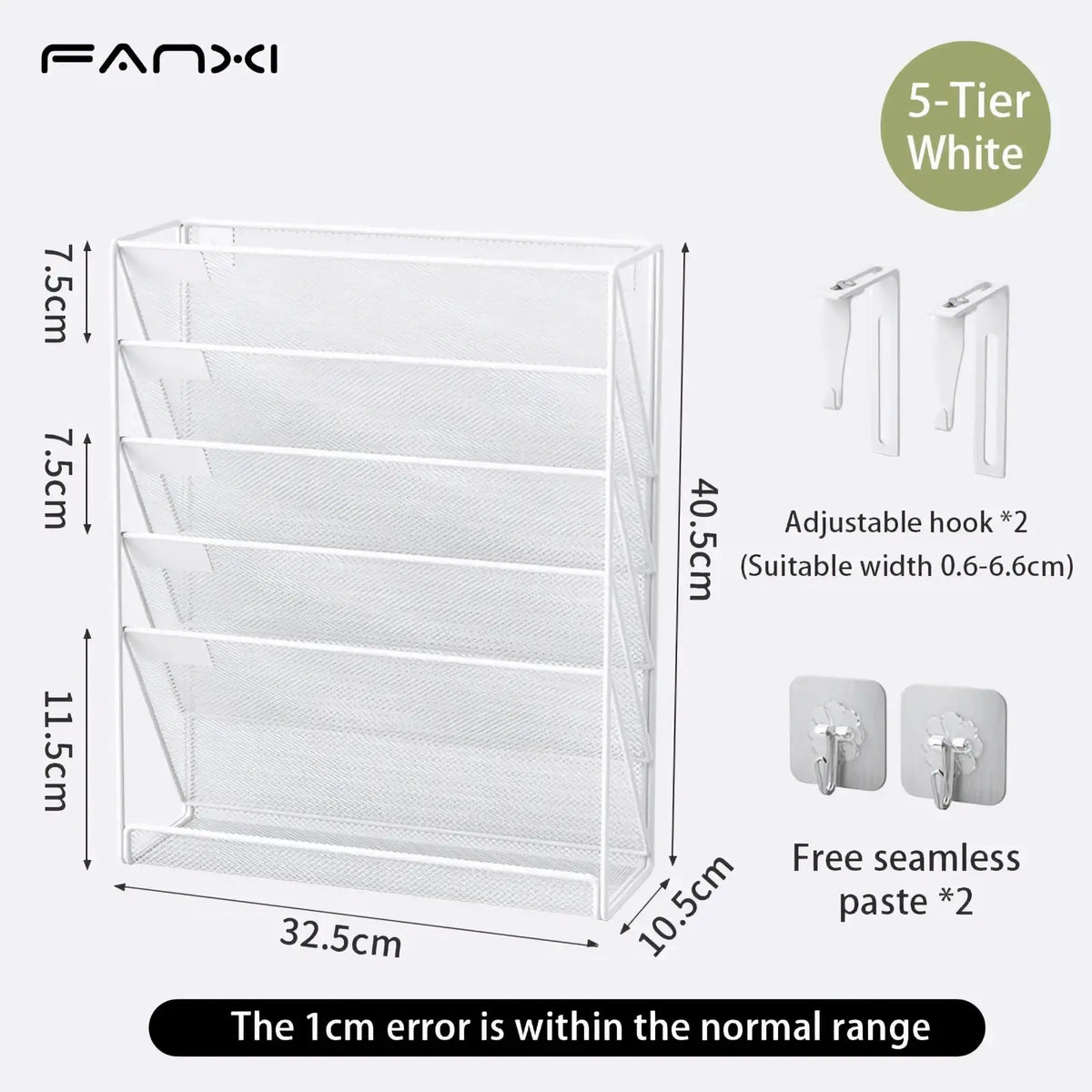 White 5-tier mesh wall mount file organizer with adjustable hooks and adhesive paste for secure mounting