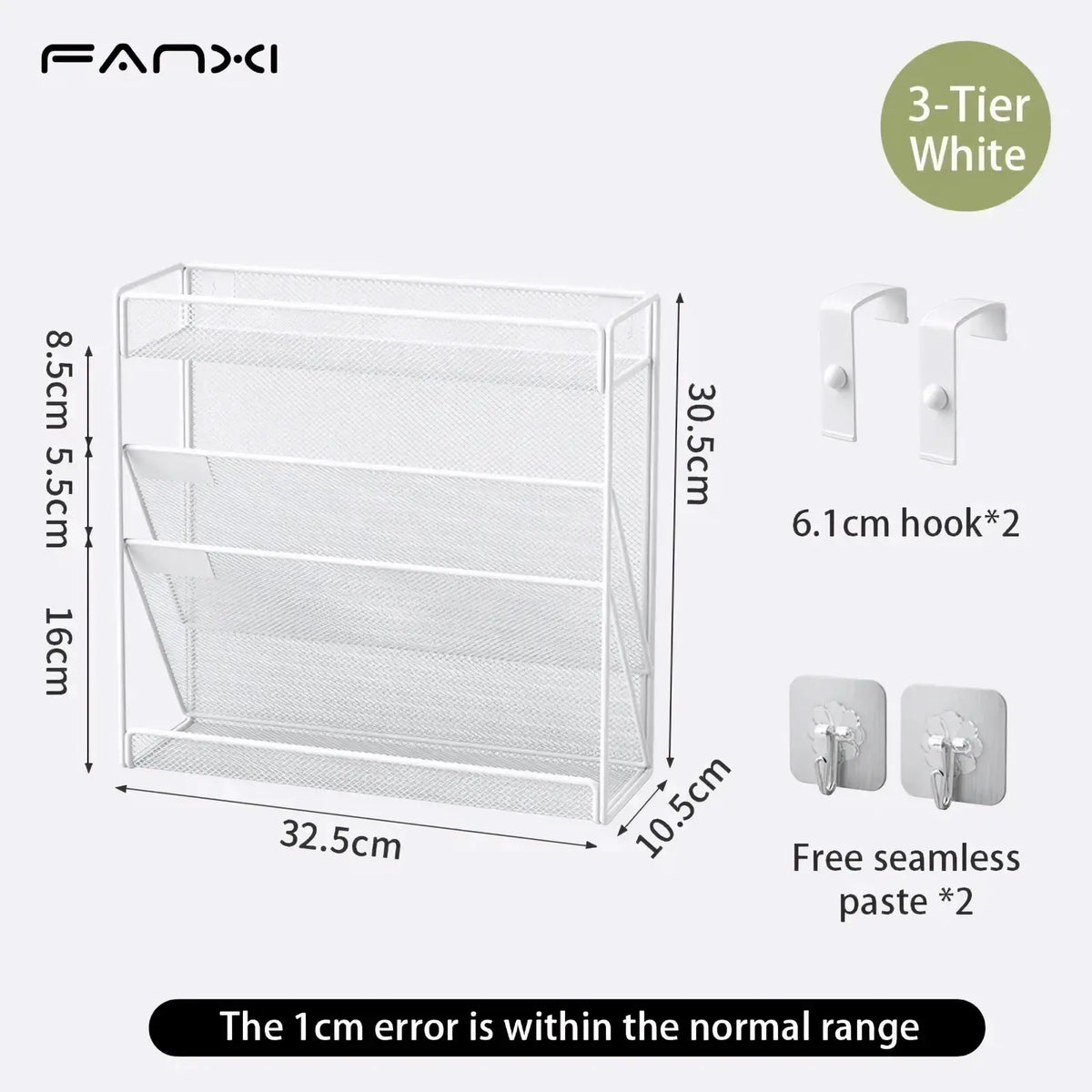 White 3-tier mesh file organizer with metal frame and hooks for wall mounting shown from the back side