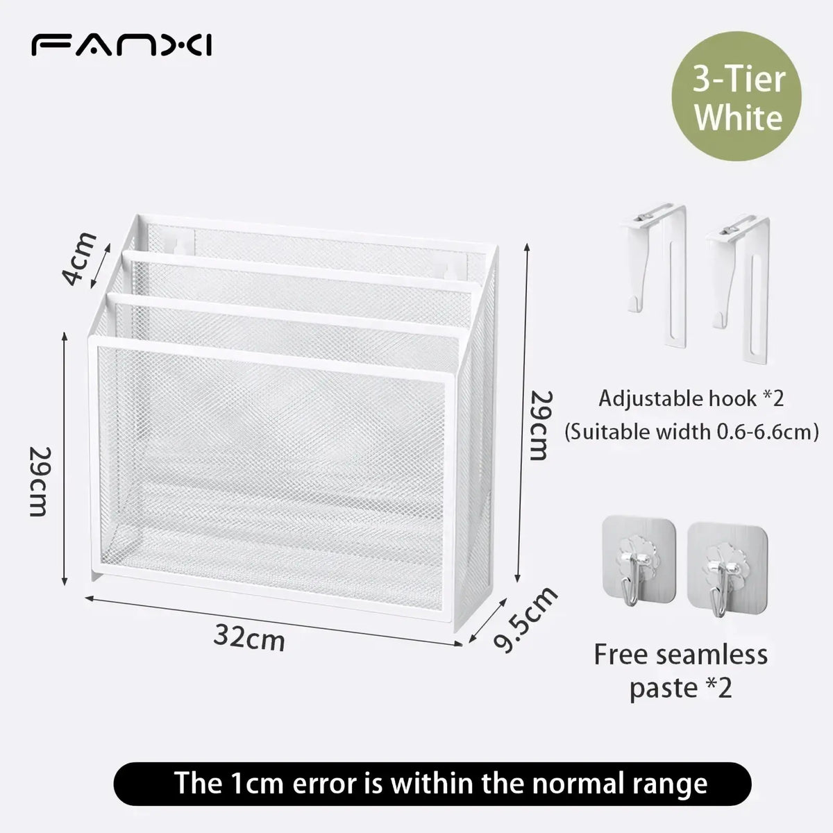 White 3-tier mesh wall mount file organizer with adjustable hooks and adhesive paste for easy mounting