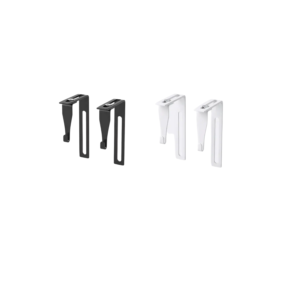Adjustable wall hooks in black and white with sleek metallic l-shaped design for secure hanging on wall mount mesh file organizer