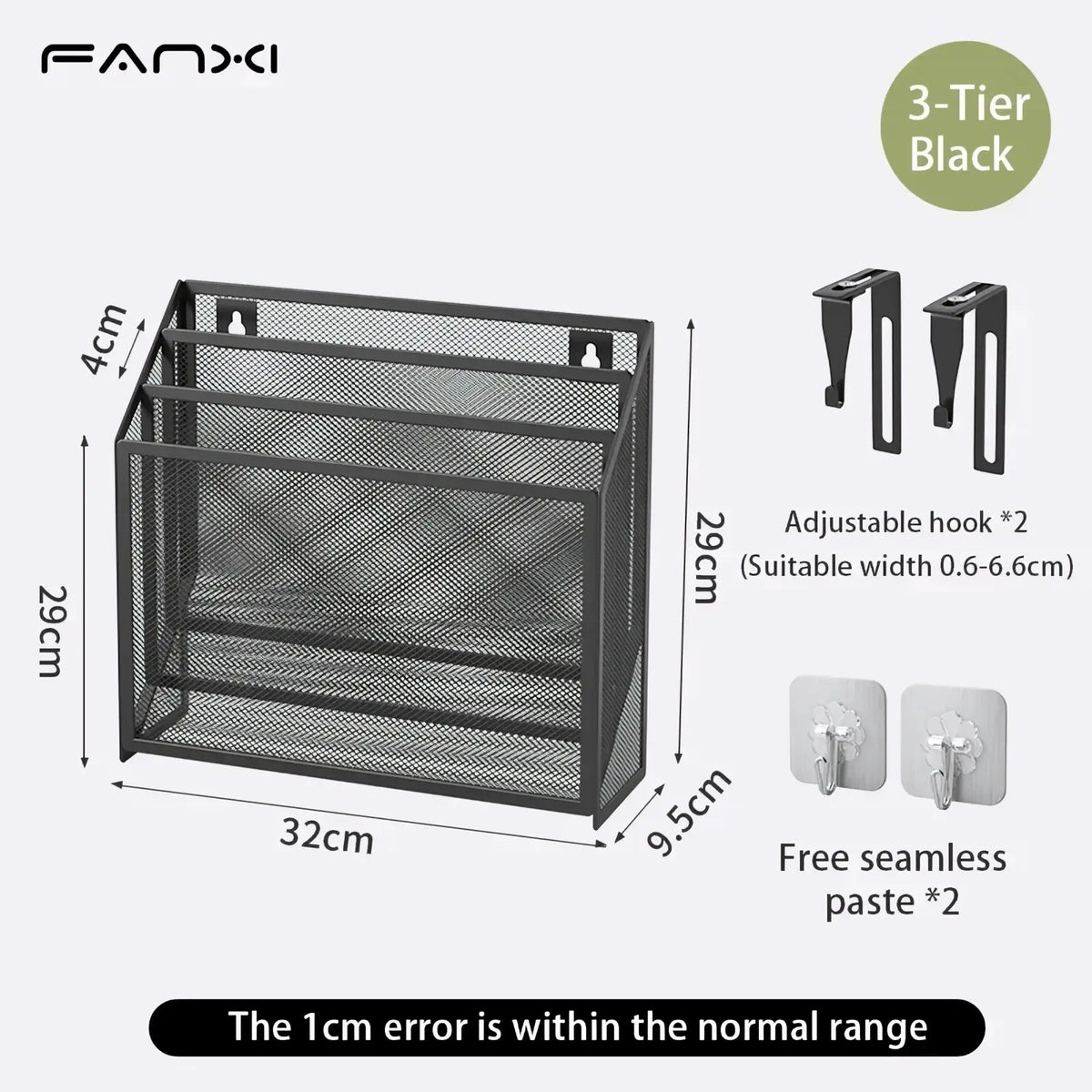 Black 3-tier mesh wall organizer with adjustable hooks and adhesive paste for versatile mounting and filing storage