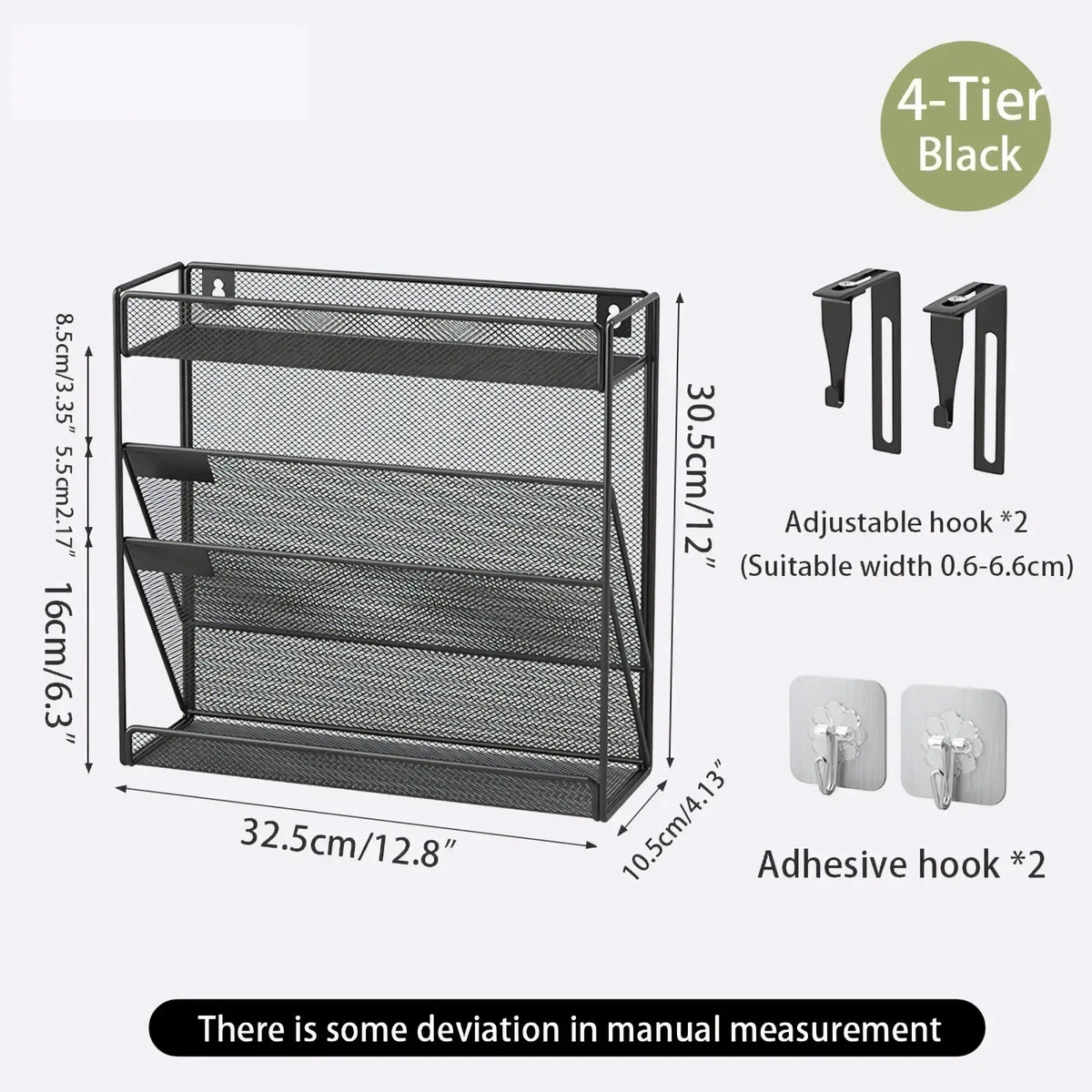 Black 4-tier mesh organizer with adjustable adhesive hooks for versatile wall mounting in a file organizer design