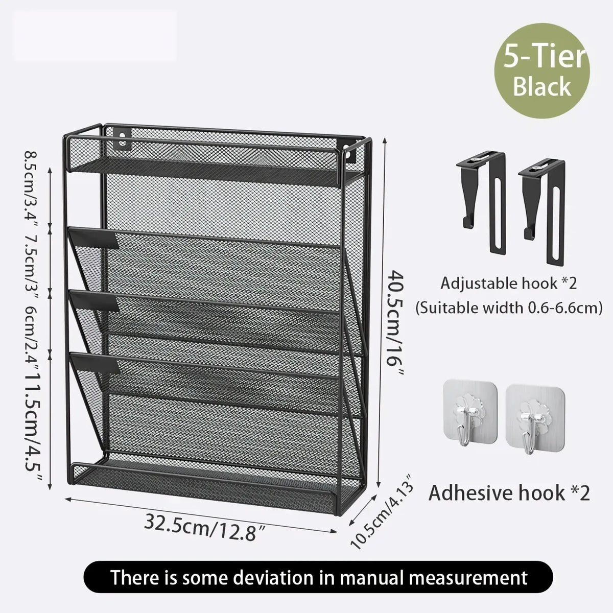 Black 5-tier mesh wall mount file organizer with adjustable adhesive hooks for versatile magazine storage
