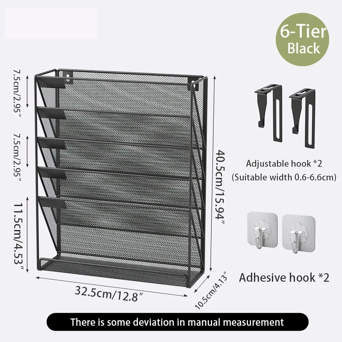 Black 6-tier mesh document organizer with adjustable adhesive hooks for versatile wall mounting and file storage