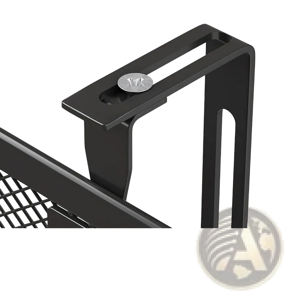 Black metal adjustable hook with screw fastener for adaptable mounting on wall mount mesh file organizer 5-tier white