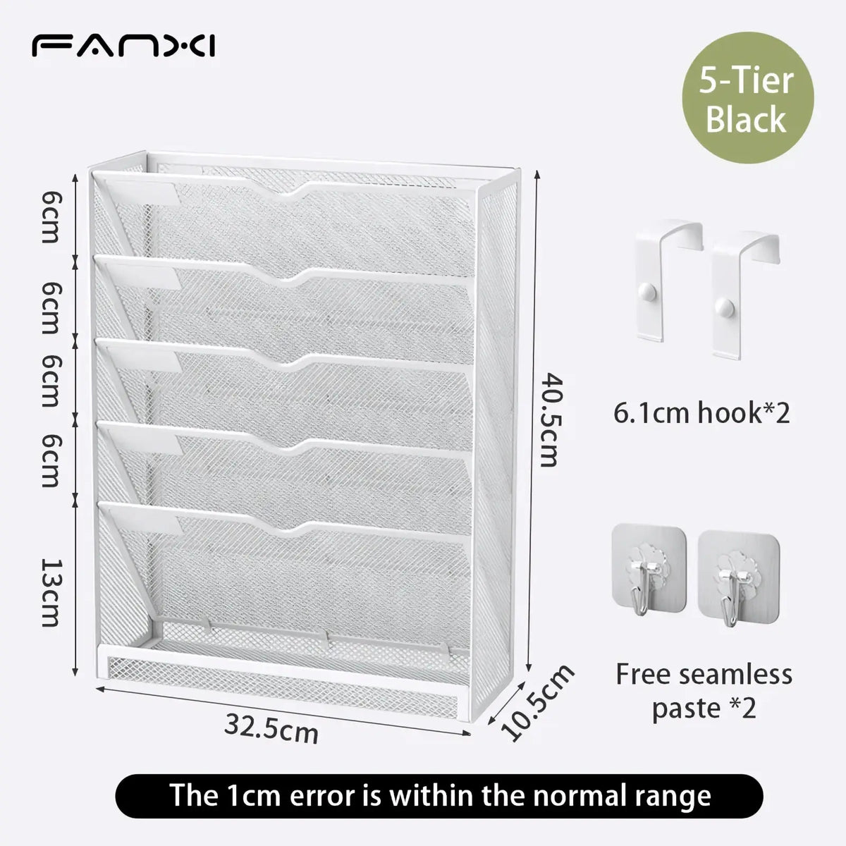 White mesh five-tier wall mount file organizer with matching hooks and adhesive mounts for efficient document storage