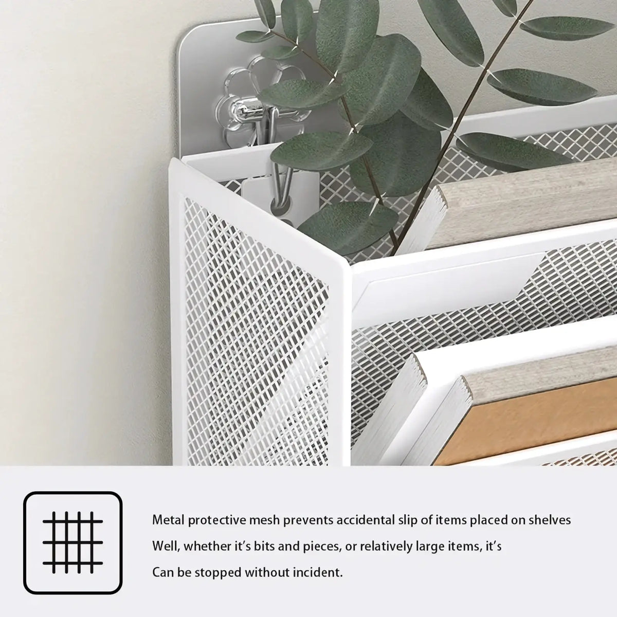 White metal mesh 5-tier wall mount file organizer with sleek modern design and adhesive backing for easy installation