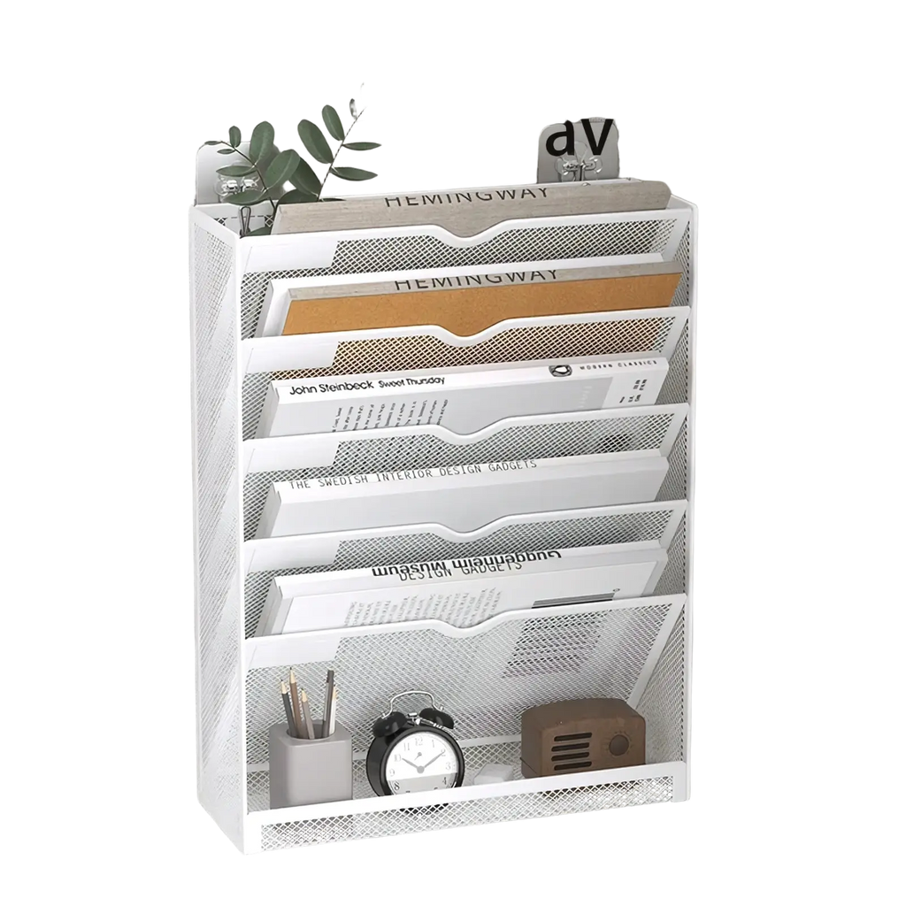 White mesh wall mount file organizer with five tiers and multiple compartments for magazine storage