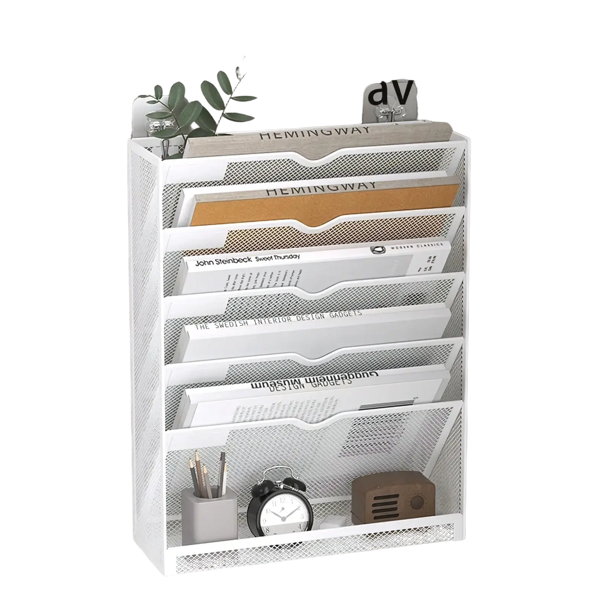White mesh wall mount file organizer with five tiers and multiple compartments for magazine storage