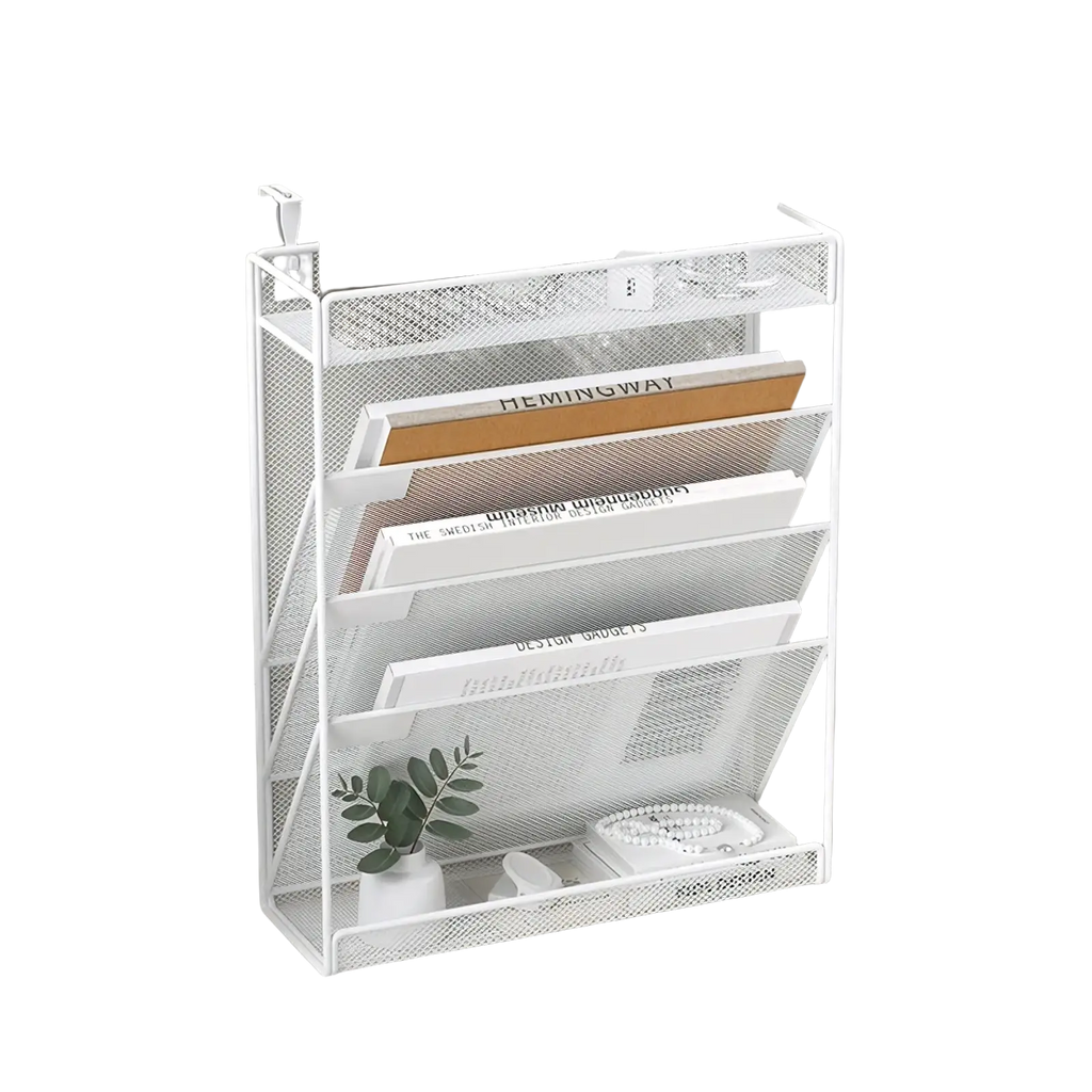 White mesh wall mount file organizer with five tiers and a top shelf holding office supplies for documents