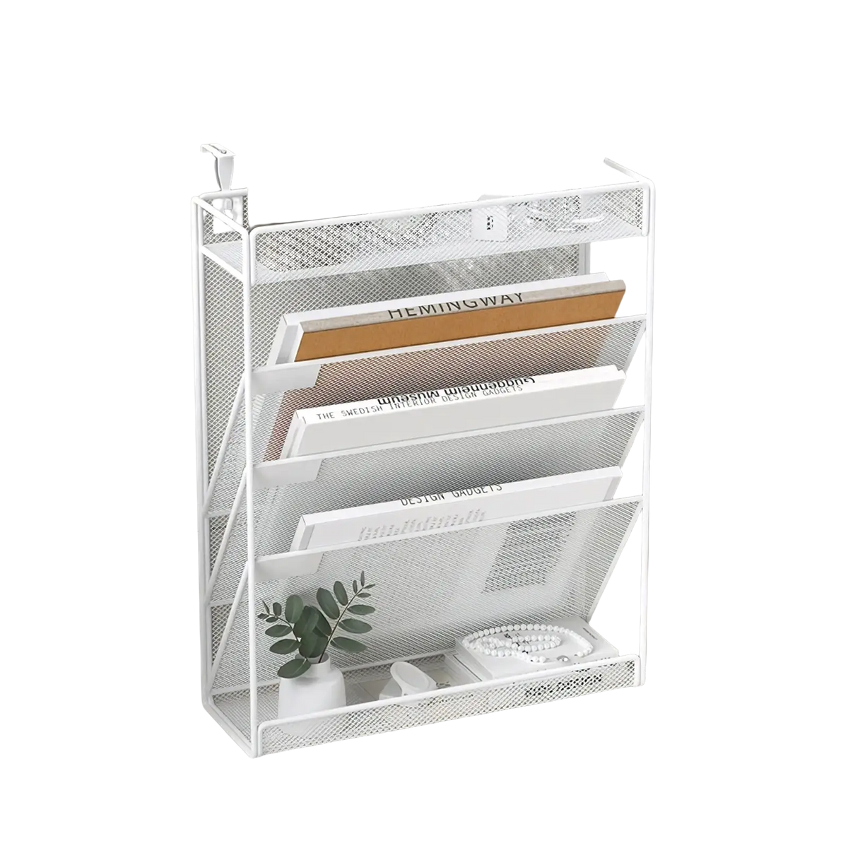 White mesh wall mount file organizer with five tiers and a top shelf holding office supplies for documents