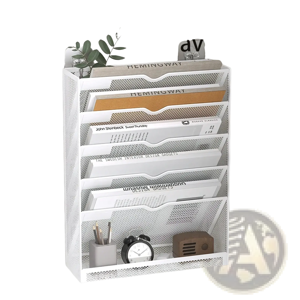 White mesh wall mount file organizer with five tiers and multiple compartments for magazine storage