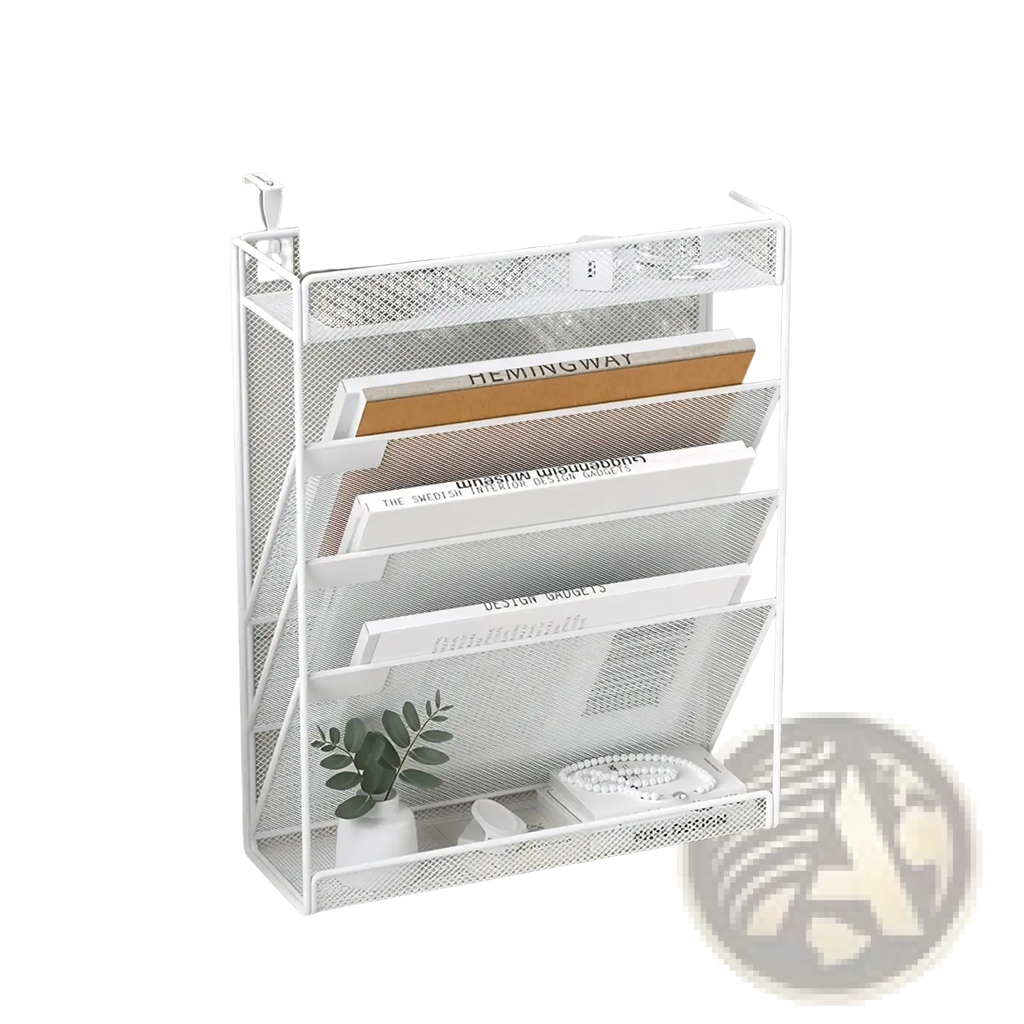 White mesh wall mount file organizer with five tiers and a top shelf holding office supplies for documents