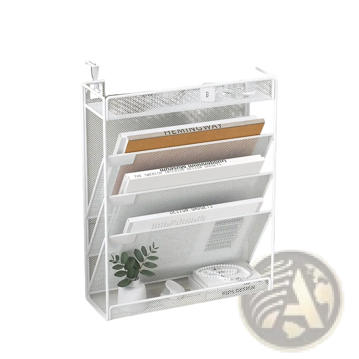 White mesh wall mount file organizer with five tiers and a top shelf holding office supplies for documents