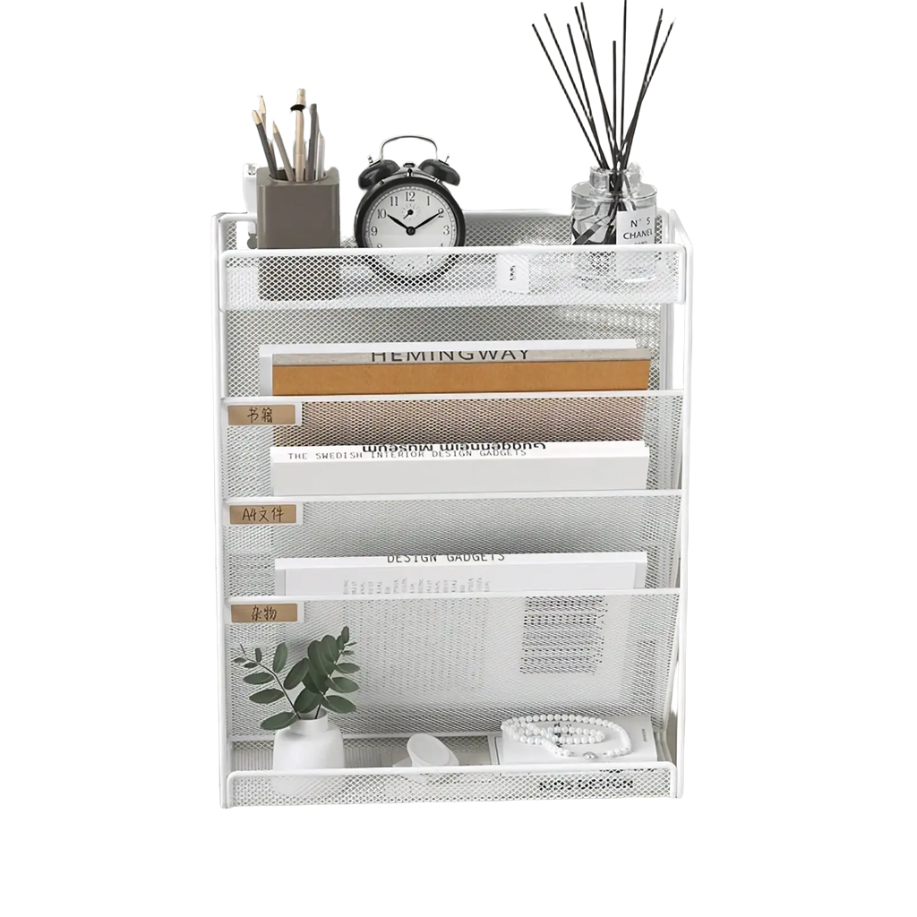White mesh multi-tier wall mount file organizer with five labeled compartments for efficient document storage