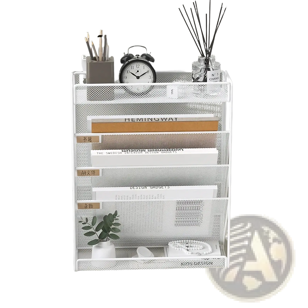 White mesh multi-tier wall mount file organizer with five labeled compartments for efficient document storage