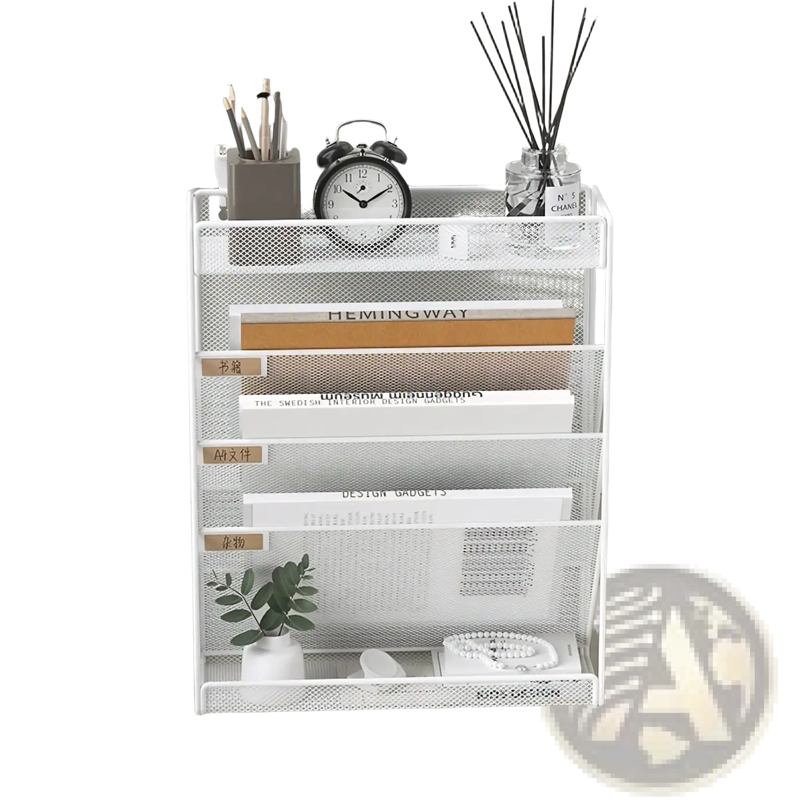 White mesh multi-tier wall mount file organizer with five labeled compartments for efficient document storage