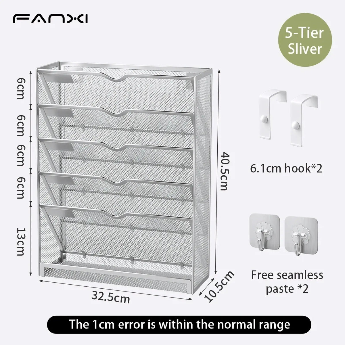 Silver mesh 5-tier wall mount file organizer with sleek modern design and sturdy metal construction in white