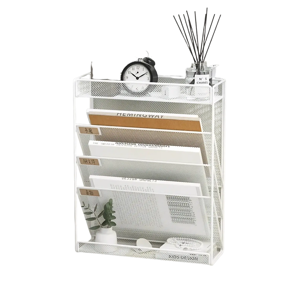 White mesh wire wall mount file organizer with five tiers including four compartments and a top shelf for documents