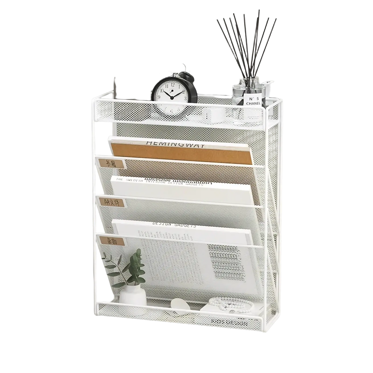White mesh wire wall mount file organizer with five tiers including four compartments and a top shelf for documents