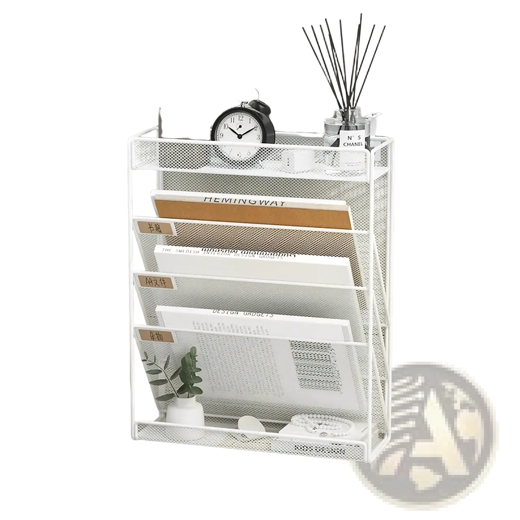 White mesh wire wall mount file organizer with five tiers including four compartments and a top shelf for documents