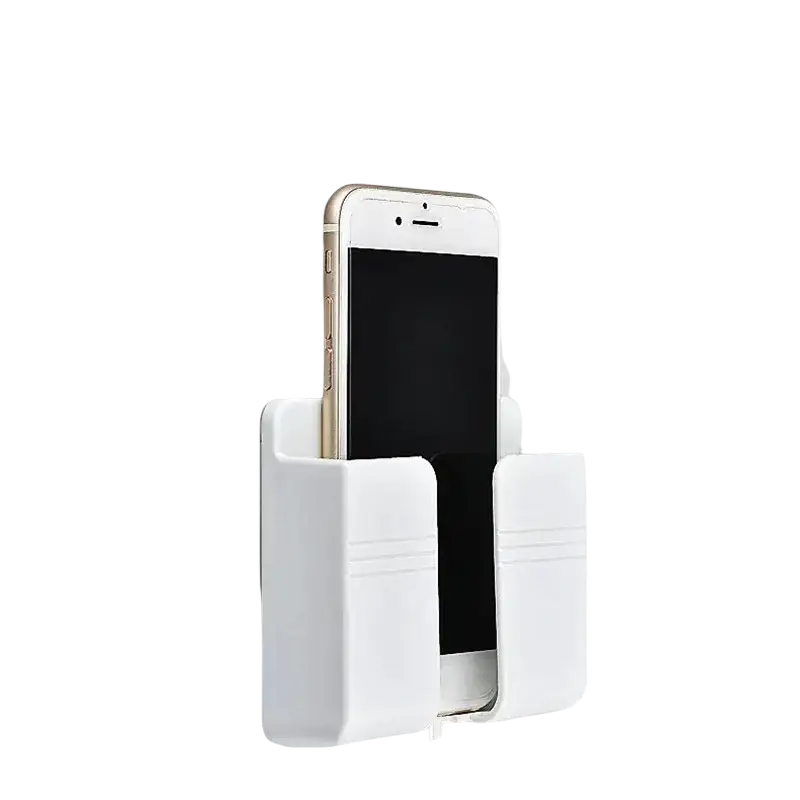 White non-punching adhesive wall mount phone charging holder securely holding a gold-colored smartphone