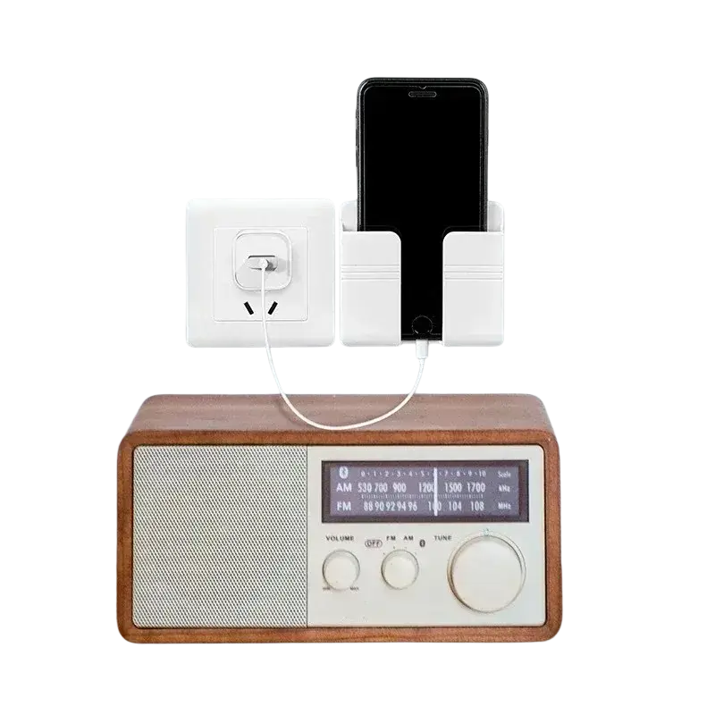 White wall mount phone charging holder with sleek minimalist design for organizing phone and charger efficiently