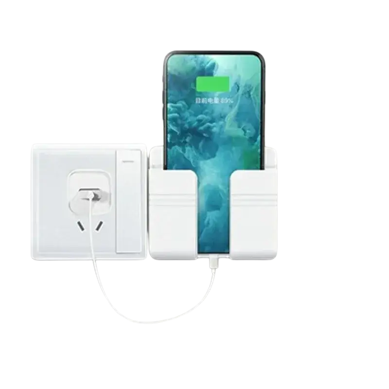 White wall mount phone charging holder with sleek minimalist design for space-saving phone storage and charging