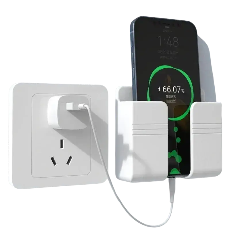 White wall mount phone charging holder with sleek minimalist design for organized charging and storage