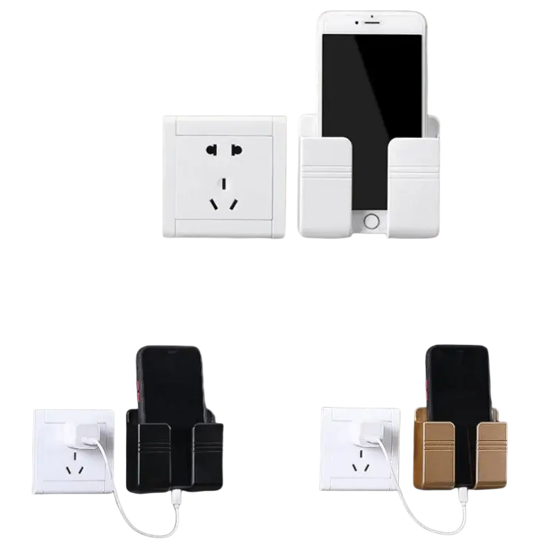 White plastic wall mount phone charging holder mounted on wall next to electrical outlet for device charging