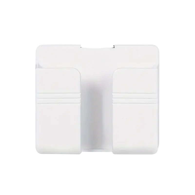 White plastic wall mount phone charging holder with two vertical compartments and horizontal dividers