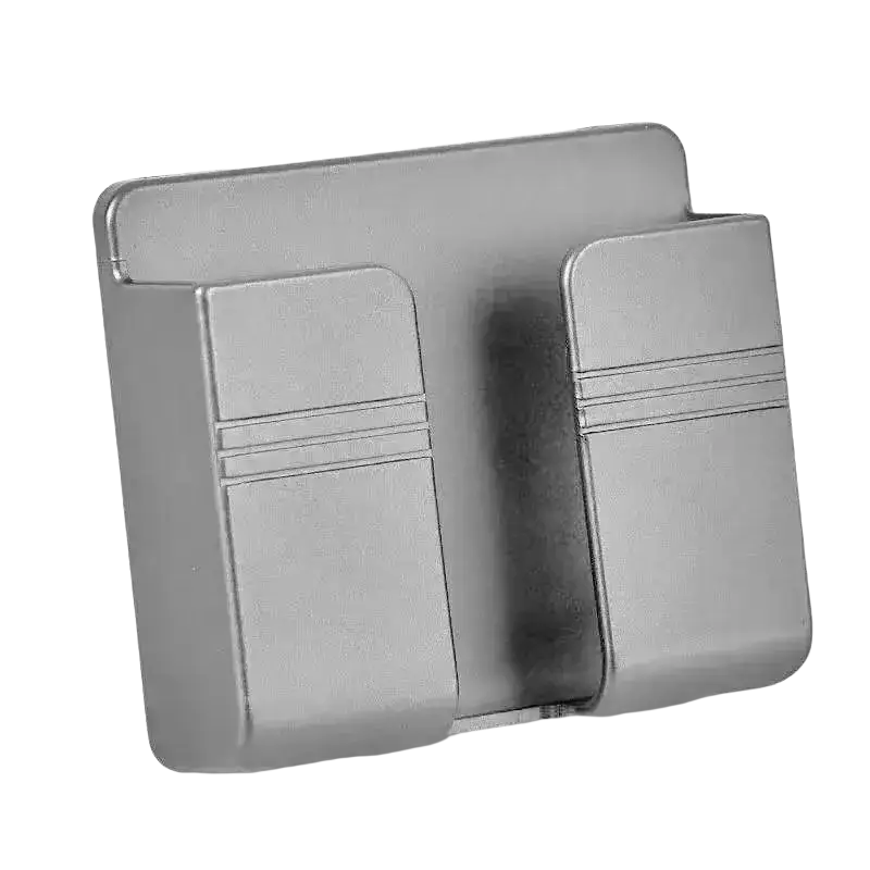 Silver metallic wall mount phone charging holder with two vertical card slots and subtle horizontal grooves