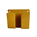 Yellow plastic wall mount dual compartment organizer for phone charging holder in white background