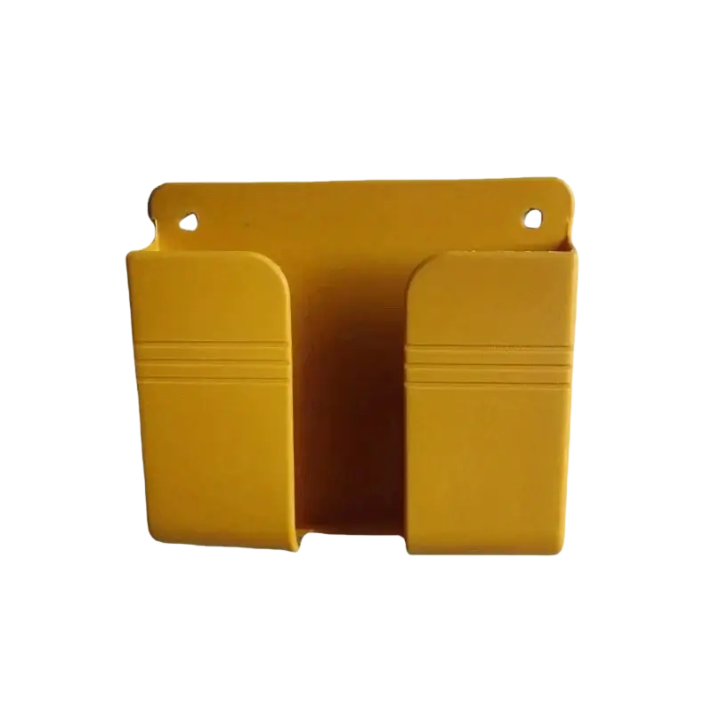 Yellow plastic wall mount dual compartment organizer for phone charging holder in white background
