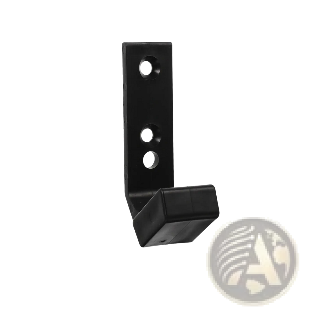 Black plastic wall mounted barbell storage rack hook with three mounting holes and curved rectangular hanging end