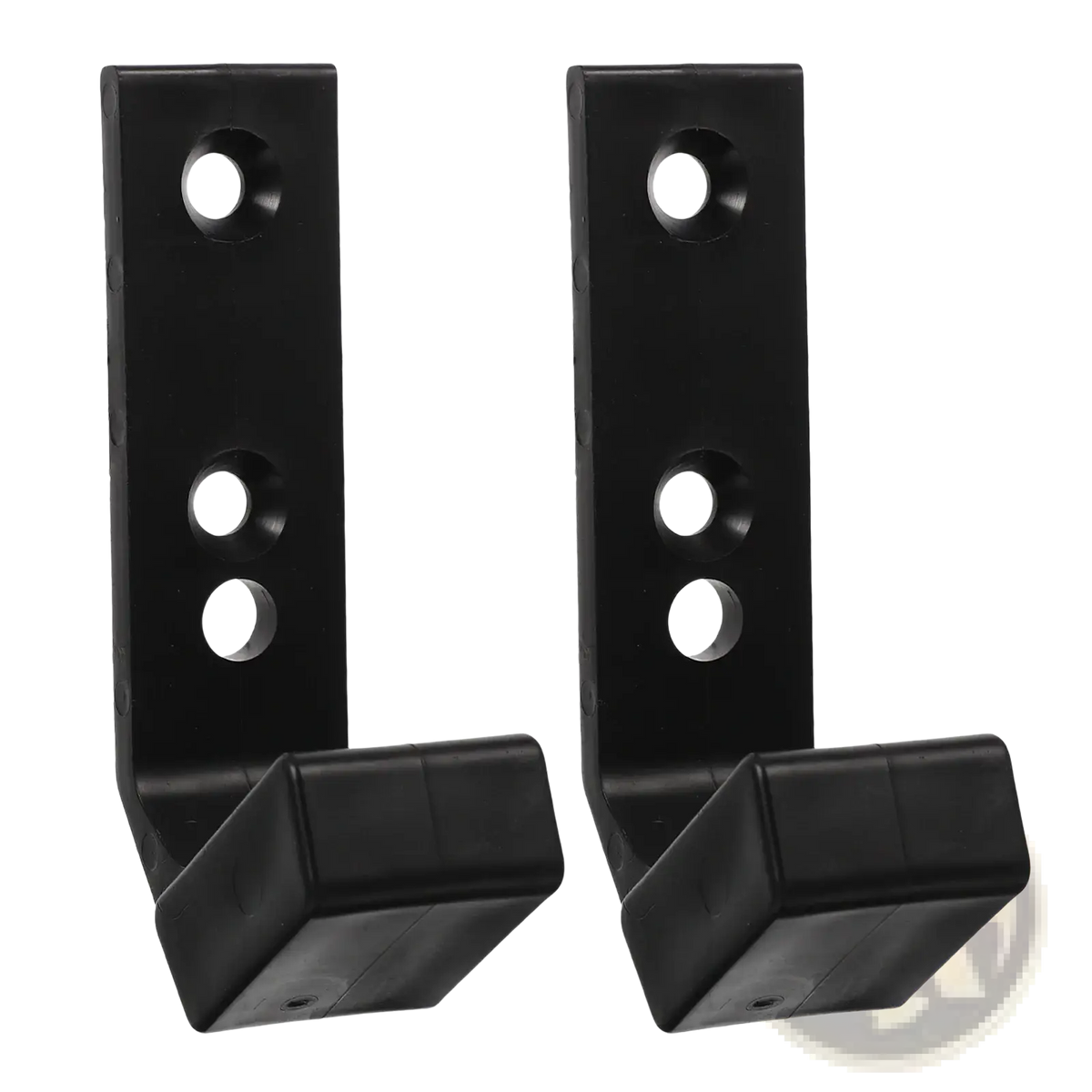 Black plastic wall mounted barbell storage rack hooks with rectangular shape and three circular mounting holes