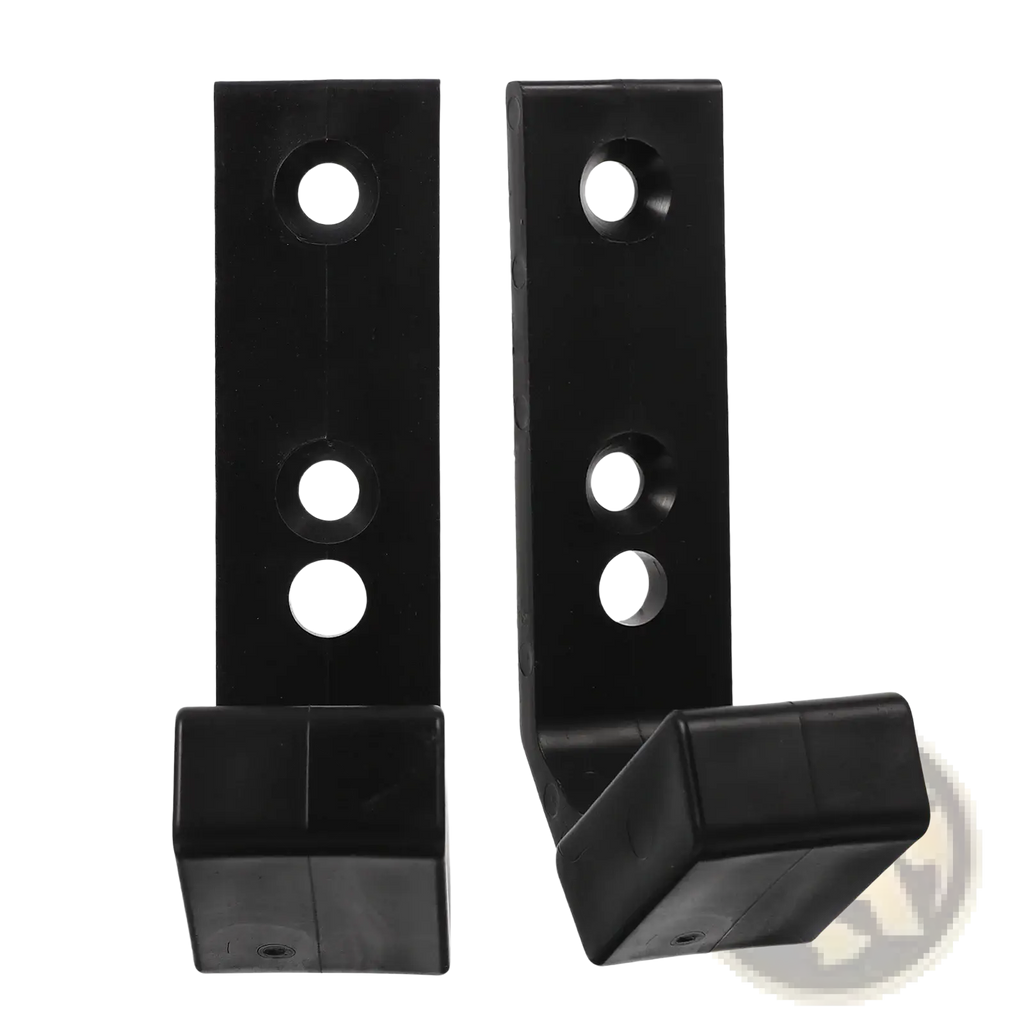 Black plastic wall mounted barbell storage rack hooks with three circular holes and rectangular hook head