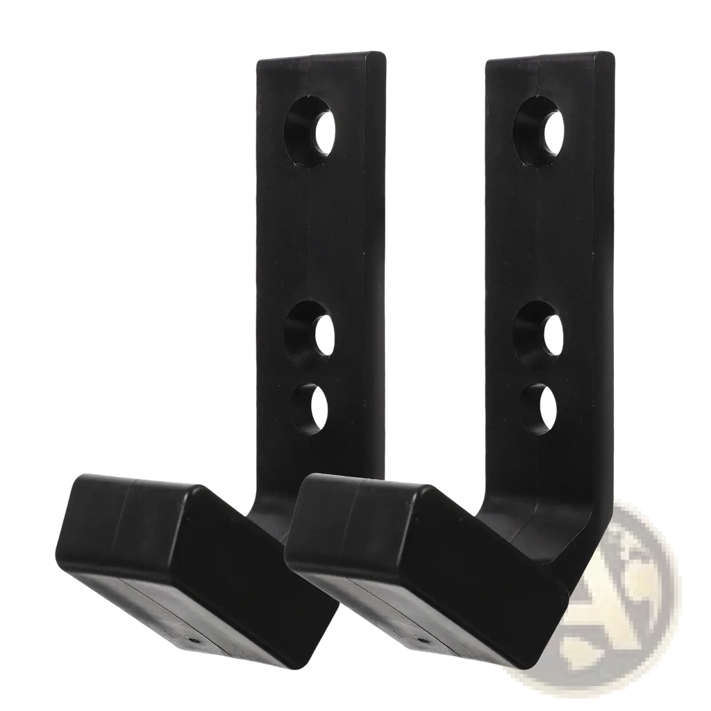 Black plastic wall mounted barbell storage rack hooks with three circular holes for adjustable mounting on wall