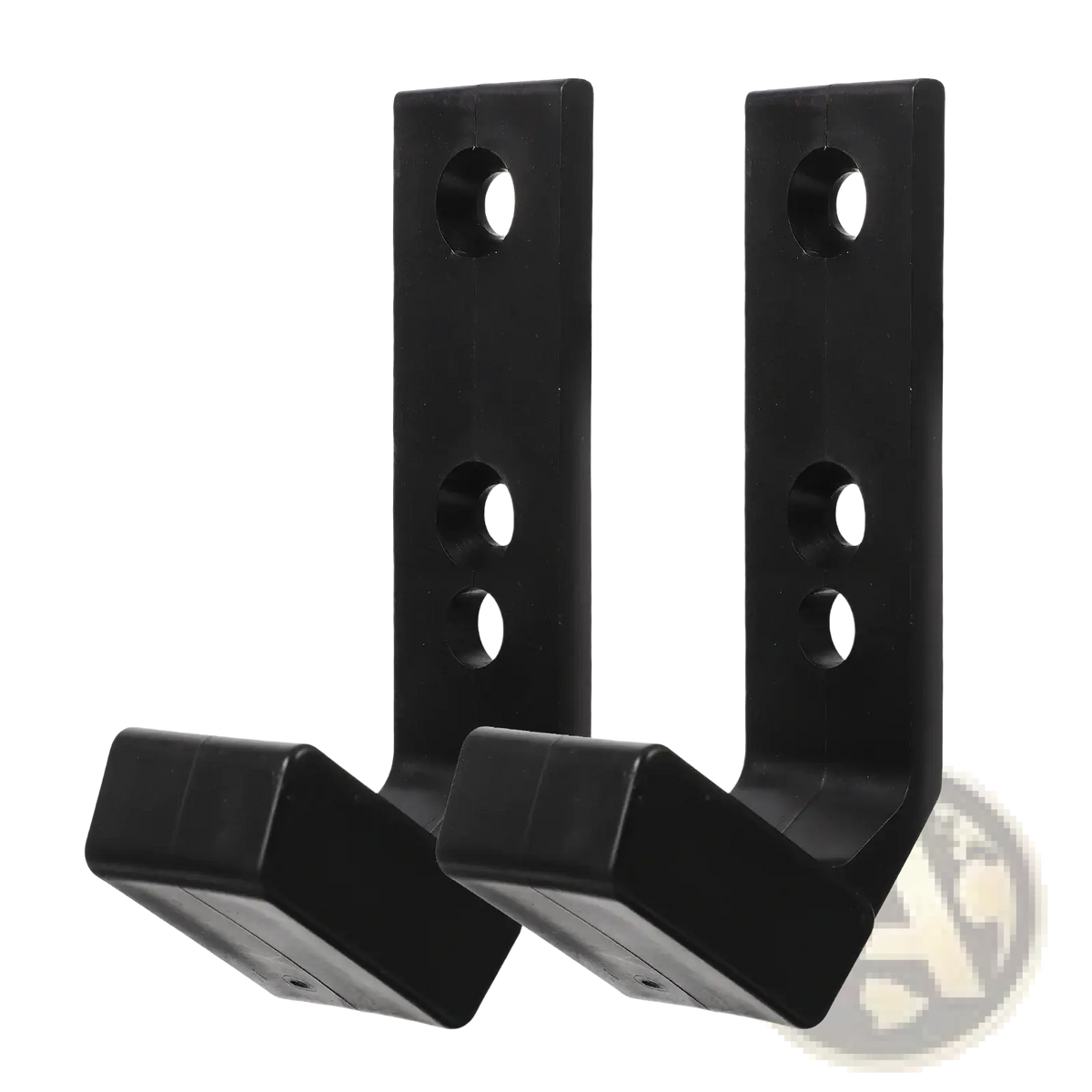 Black plastic wall mounted barbell storage rack hooks with three circular holes for adjustable mounting on wall
