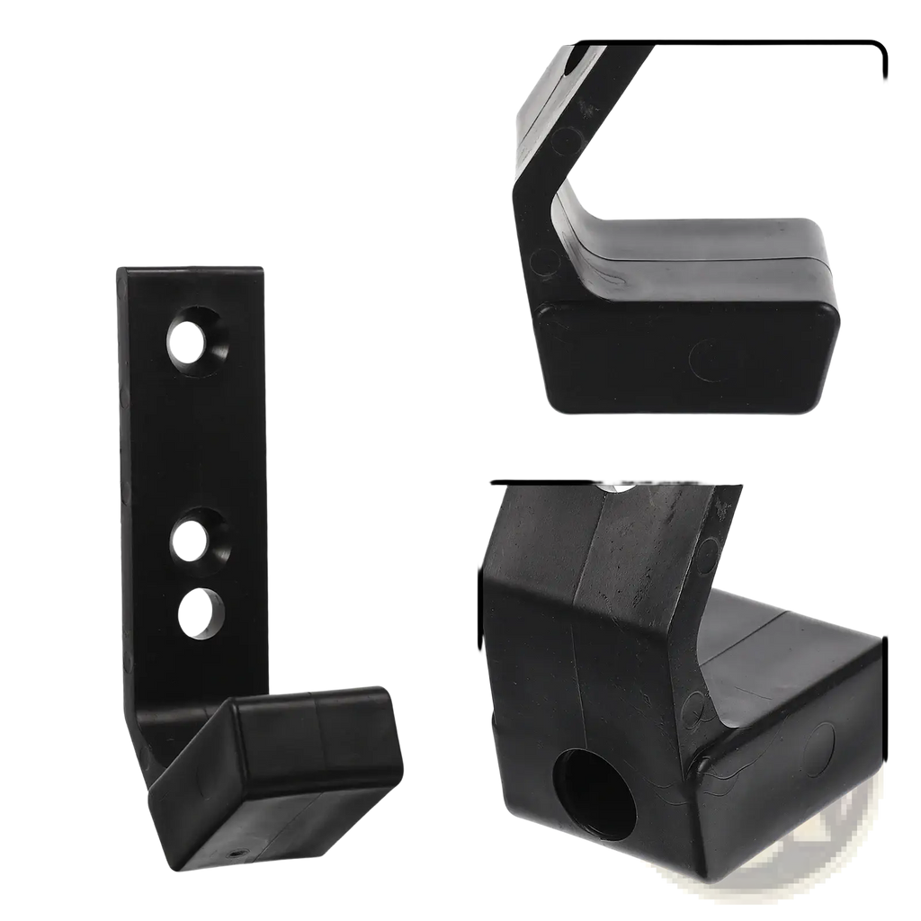 Black plastic wall mounted barbell storage rack support with rectangular mounting plate and three circular holes for secure attachment
