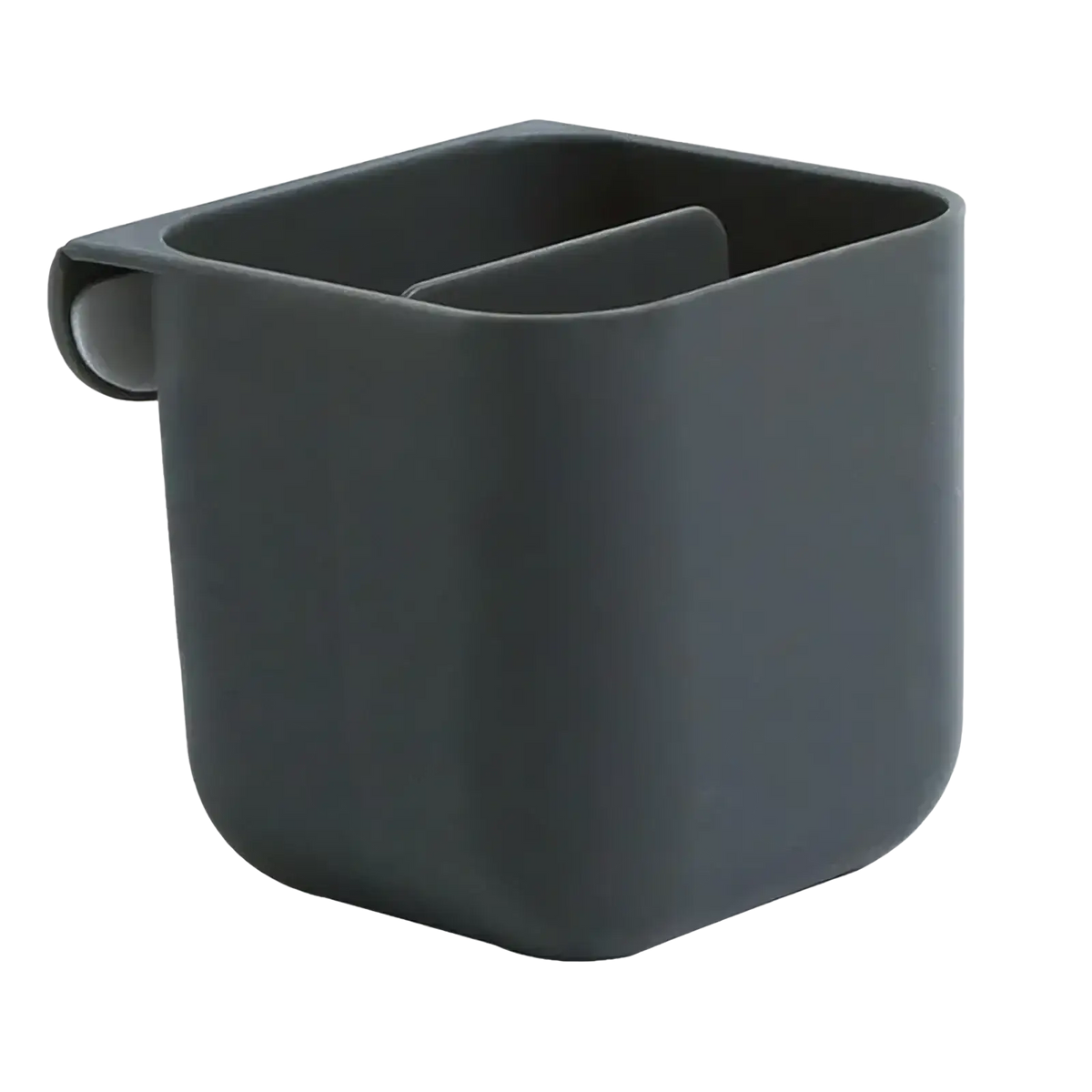 Dark gray rectangular plastic wall mounted desk organizer storage box with curved handle and internal divider