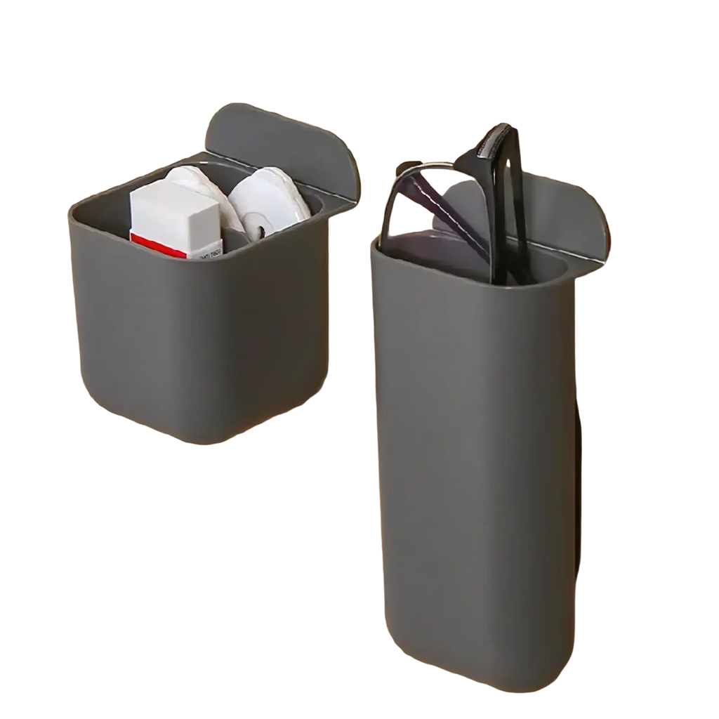 Gray plastic wall mounted desk organizer storage box with rectangular and cylindrical compartments holding small items