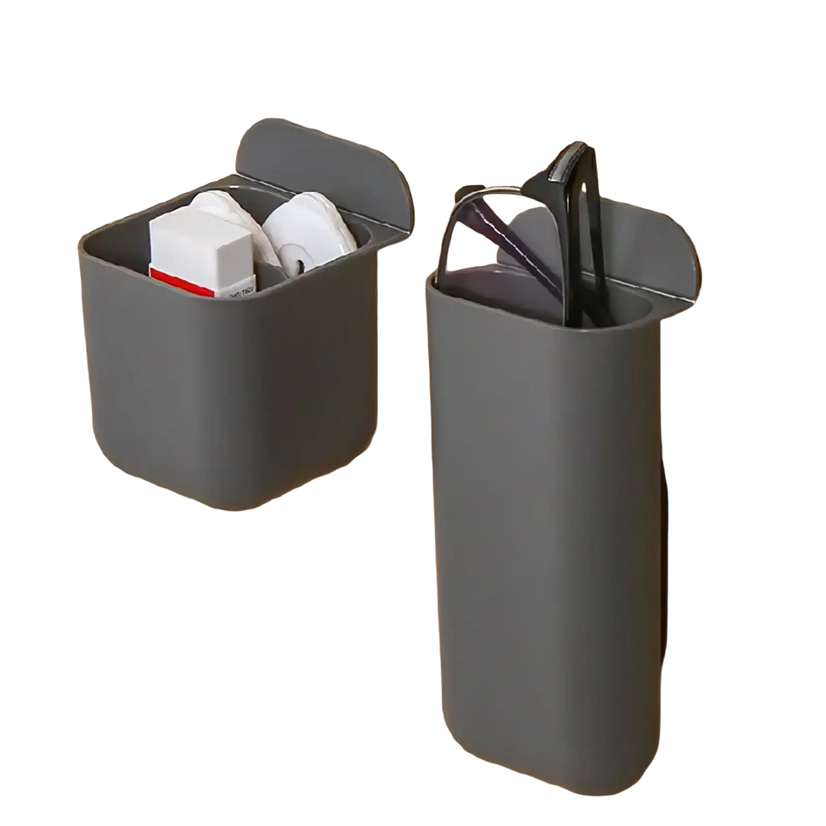 Gray plastic wall mounted desk organizer storage box with rectangular and cylindrical compartments holding small items