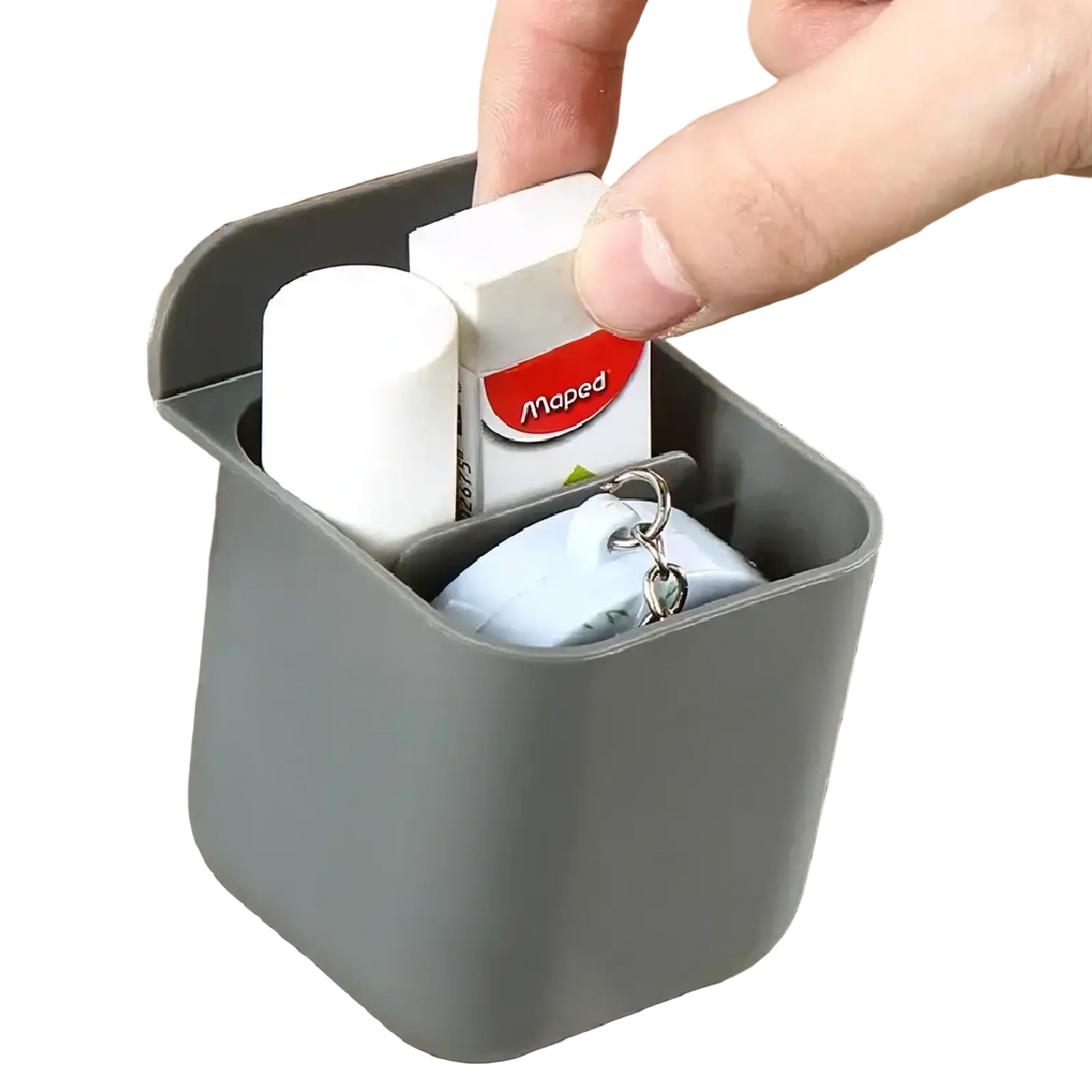 Gray plastic wall mounted desk organizer storage box with curved top and compartments holding office supplies