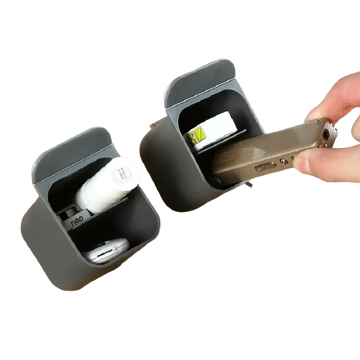 Gray plastic wall mounted desk organizer storage box with hinged lid designed to hold keys and usb drives