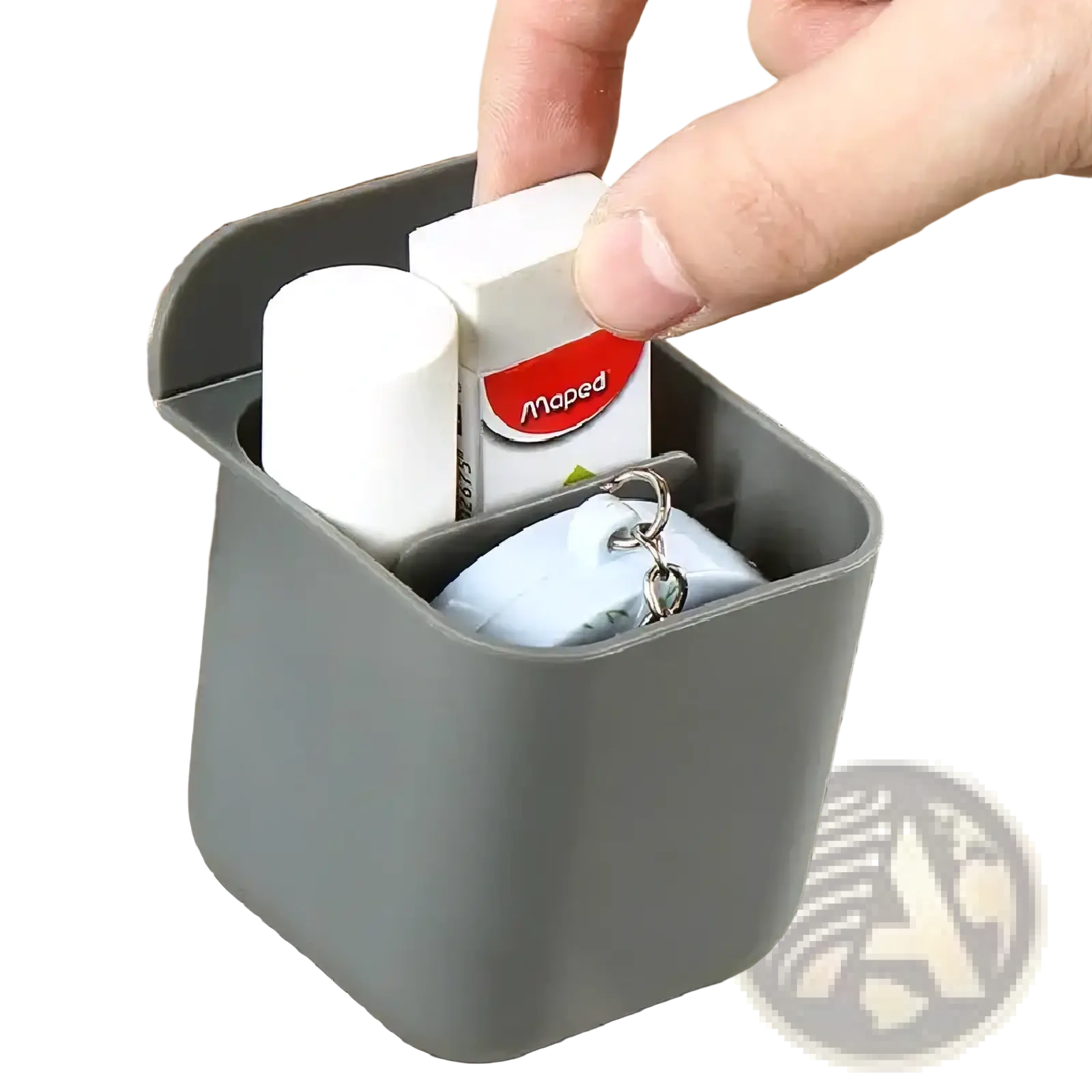 Gray plastic wall mounted desk organizer storage box with curved top and compartments holding office supplies