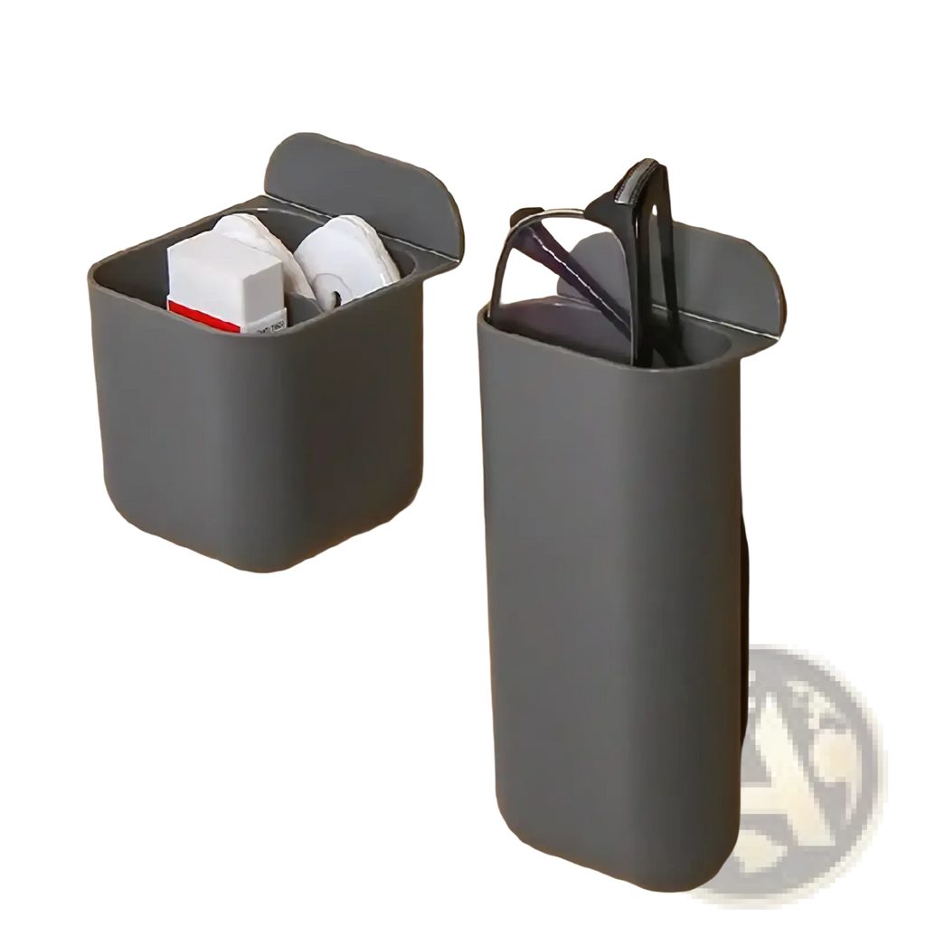 Gray plastic wall mounted desk organizer storage box with rectangular and cylindrical compartments holding small items